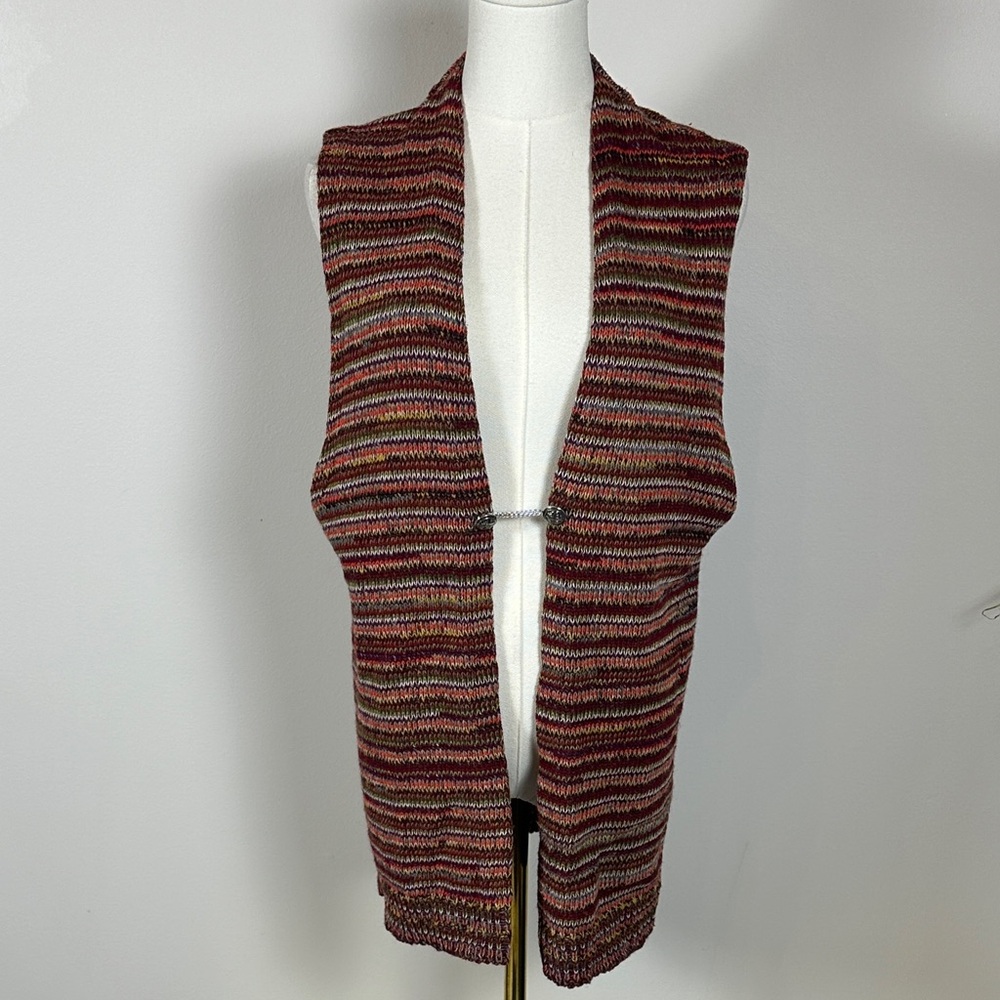 Vintage Wool Knit Quirky Hippie Boho Striped Sleeveless Cardigan Sweater USA M